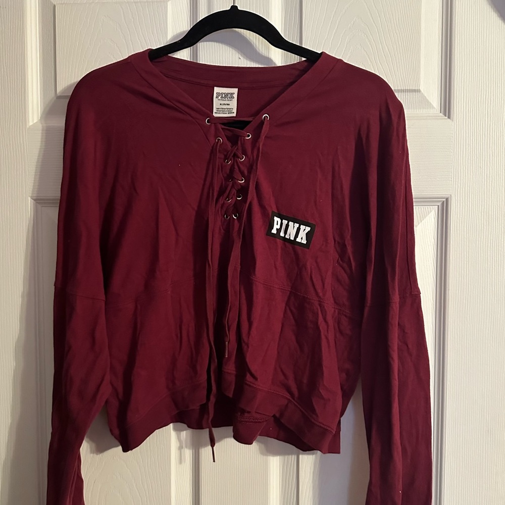 Victoria’s Secret PINK Cropped Long Sleeve Top with Lace Neck